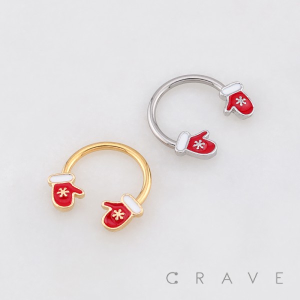 CHRISTMAS MITTEN WHITE SNOWFLAKE HORSESHOE SEPTUM 316L SURGICAL STEEL